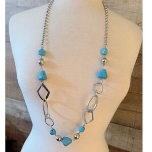 Silver‎ Tone Faux Turquoise Nugget Geometric Link Long Statement Necklace